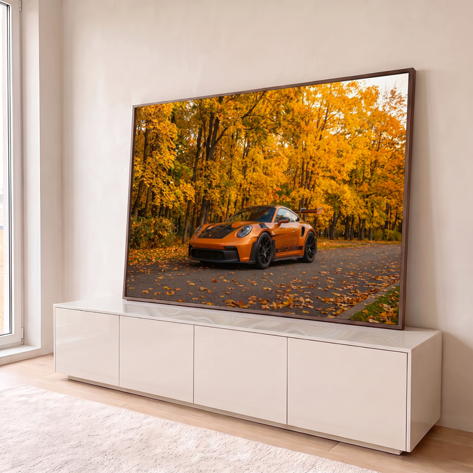 Quadro Decorativo Grande Carro Automóvel Laranja para Sala | quadros decorativos para sala | carro esportivo laranja numa rua de outono cercada por árvores douradas | em Quadros para Sala | Porao dos Quadros