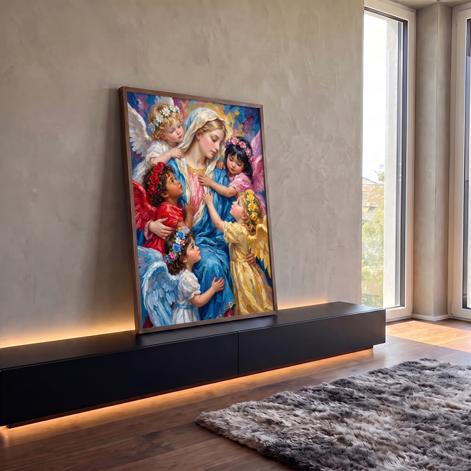 Quadro Decorativo Grande Nossa Senhora Azul para Sala | quadros decorativos para sala | Nossa Senhora de manto azul abraçada por cinco anjinhos com coroas de flores | em Quadros para Sala | Porao dos Quadros
