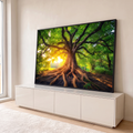 Quadro Decorativo Grande Árvore com Luz Dourada para Sala | quadros decorativos para sala | árvore com raízes expostas e copa verde iluminada por luz dourada na floresta | em Quadros para Sala | Porao dos Quadros