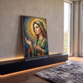 Quadro Decorativo Grande Nossa Senhora Mosaico para Sala | quadros decorativos para sala | Nossa Senhora em mosaico dourado e azul com mãos erguidas em oração | em Quadros para Sala | Porao dos Quadros