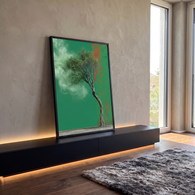 Árvore de tronco retorcido com copa se desfazendo em fumaça verde diante de parede verde, quadro decorativo
