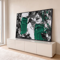 Quadro Decorativo Grande Abstrato Esmeralda Verde para Sala | quadros decorativos para sala | pintura abstrata com manchas espessas de verde esmeralda sobre fundo preto e branco texturizado | em Quadros para Sala | Porao dos Quadros