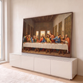 Quadro Decorativo Grande Última para Sala Marrom | quadros decorativos para sala | treze figuras à mesa em cena clássica inspirada na Última Ceia, tons terrosos e dourados | em Quadros para Sala | Porao dos Quadros