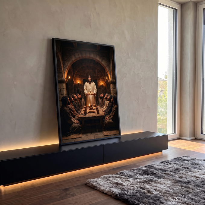Quadro Decorativo Grande Última Ceia Marrom para Sala | quadros decorativos para sala | Jesus partindo o pão diante de doze apóstolos em sala de pedra iluminada por velas | em Quadros para Sala | Porao dos Quadros
