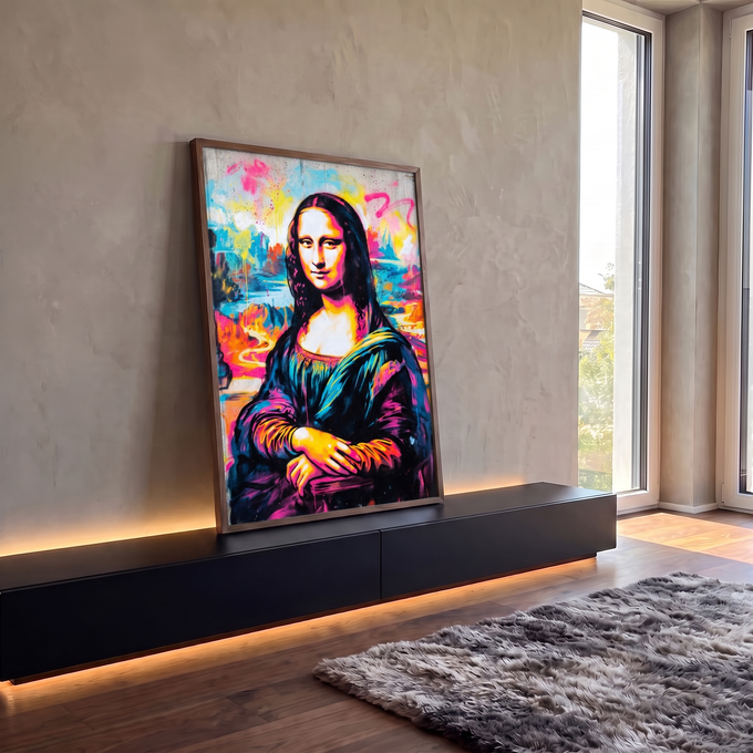 Mona Lisa pintada em grafite neon rosa, azul e amarelo com respingos de tinta, quadro decorativo
