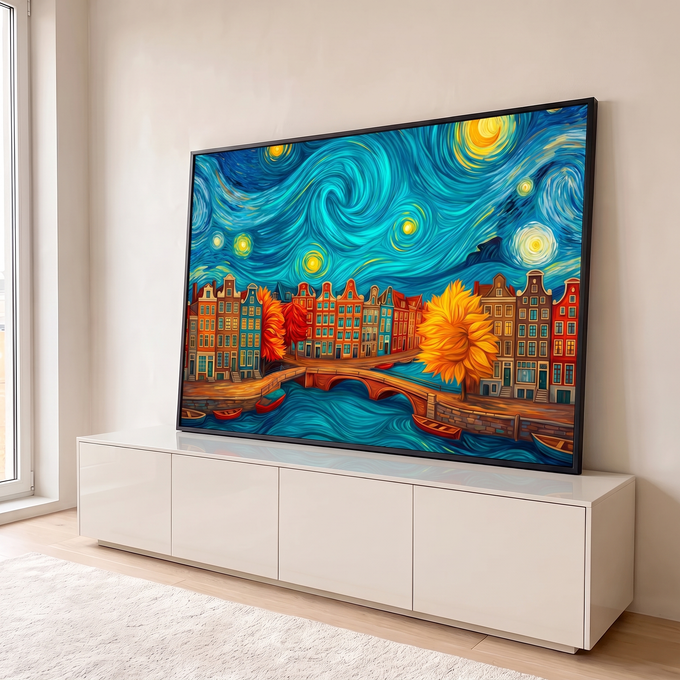 Quadro Decorativo Grande Canal Holandês para Sala Azul | quadros decorativos para sala | casas coloridas à beira de canal com ponte e céu estrelado em espirais estilo Van Gogh | em Quadros para Sala | Porao dos Quadros