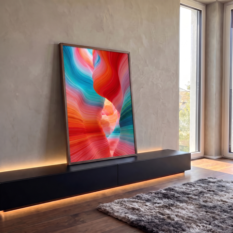 Cânion abstrato com linhas fluidas em vermelho, laranja, rosa e turquesa, quadro decorativo