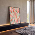 Quadro Decorativo Grande Mosaico Abstrato para Sala Rosa | quadros decorativos para sala | mosaico abstrato de pinceladas verticais em rosa, verde e pêssego | em Quadros para Sala | Porao dos Quadros