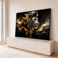 Leão de perfil com juba dourada e prateada esvoaçante como fumaça sobre fundo preto, quadro decorativo