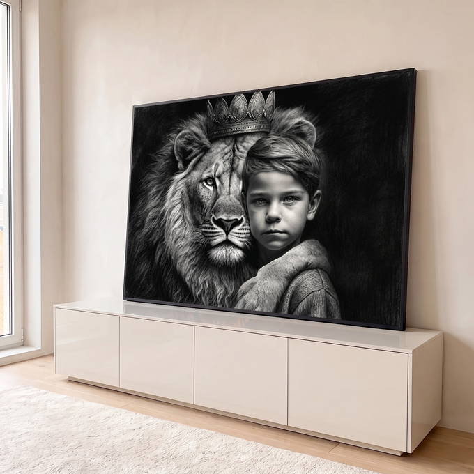 Quadro Decorativo Grande Menino e Leão para Sala Preto | quadros decorativos para sala | leão coroado encostado no rosto de um menino, em preto e branco estilo grafite | em Quadros para Sala | Porao dos Quadros