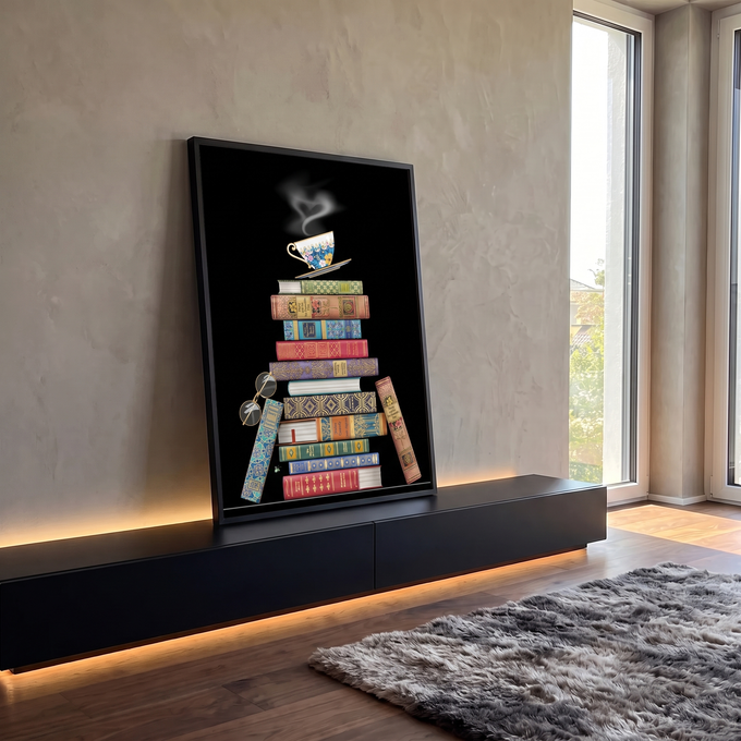 Quadro Decorativo Grande Pilha de Livros para Sala Dourado | quadros decorativos para sala | pilha de livros coloridos com xícara de chá florida e fumaça em forma de coração | em Quadros para Sala | Porao dos Quadros