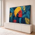 Quadro Decorativo Grande Mulher Africana Vermelho para Sala | quadros decorativos para sala | mulher de perfil com pele vermelha e turbante amarelo entre folhas tropicais azuis | em Quadros para Sala | Porao dos Quadros