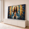 Jesus de olhos fechados e mãos postas em oração, estilo vitral mosaico azul e dourado, quadro decorativo