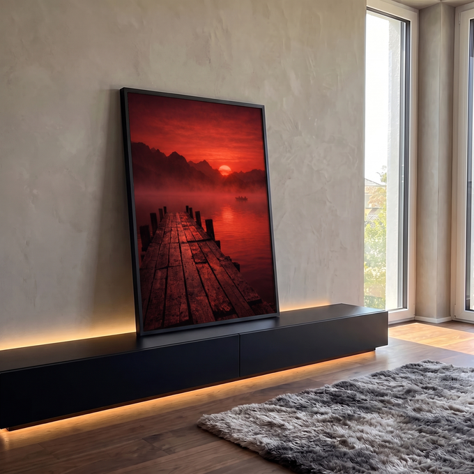 Píer de madeira em lago enevoado com barco e sol vermelho entre montanhas, quadro decorativo