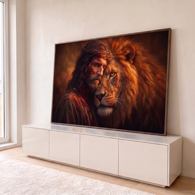 Quadro Decorativo Grande Jesus Dourado para Sala Marrom | quadros decorativos para sala | retrato de Jesus com coroa de espinhos ao lado da cabeça de um leão dourado | em Quadros para Sala | Porao dos Quadros