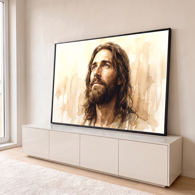 Rosto de Jesus Cristo em aquarela olhando para o céu, em tons bege e sépia, quadro decorativo