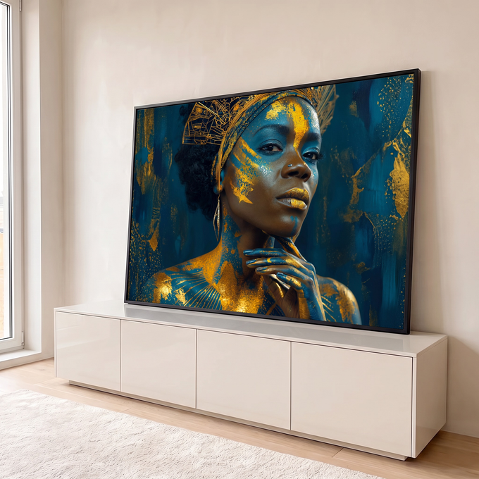 Mulher negra com pintura corporal dourada, toucado de ouro e mão no queixo em fundo azul, quadro decorativo