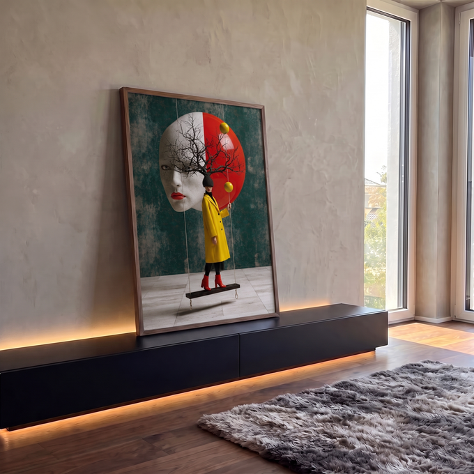 Mulher de casaco amarelo em balanço diante de rosto gigante com galhos secos, quadro decorativo