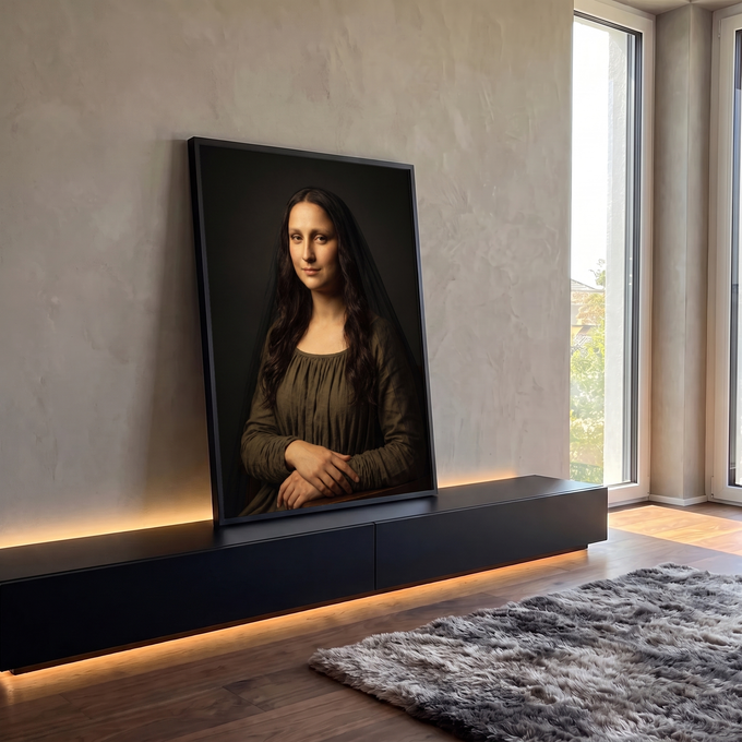 Quadro Decorativo Grande Mona Lisa Feminino para Sala Marrom | quadros decorativos para sala | mulher com véu preto e vestido marrom em pose clássica inspirada na Mona Lisa | em Quadros para Sala | Porao dos Quadros