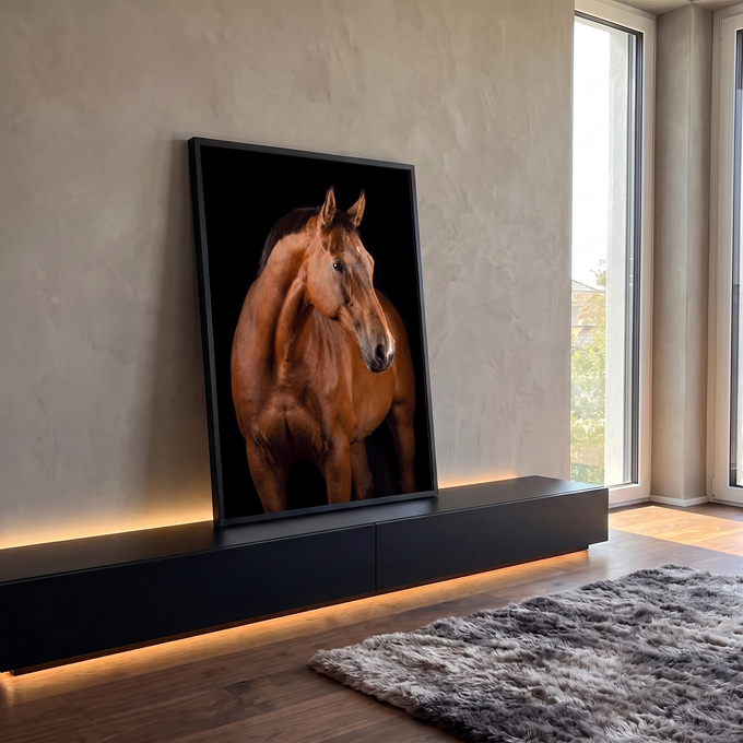 Cavalo baio de pelagem brilhante olhando de lado sobre fundo preto, fotografia de estúdio, quadro decorativo