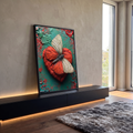 Borboleta de asas bege e vermelhas sobre coração vermelho rachado em fundo verde, quadro decorativo