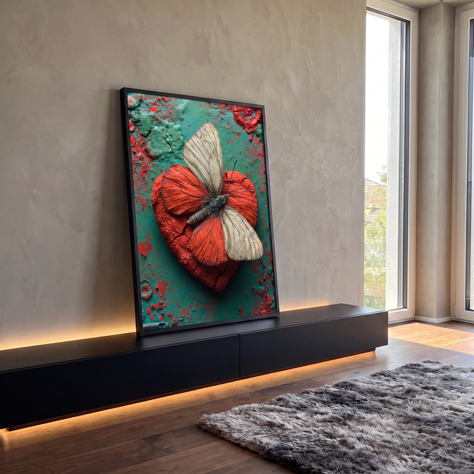 Borboleta de asas bege e vermelhas sobre coração vermelho rachado em fundo verde, quadro decorativo