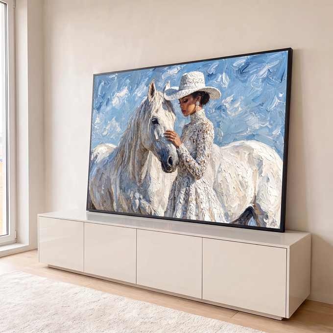 Pintura a óleo em textura de mulher de chapéu e vestido de renda acariciando cavalo branco, quadro decorativo