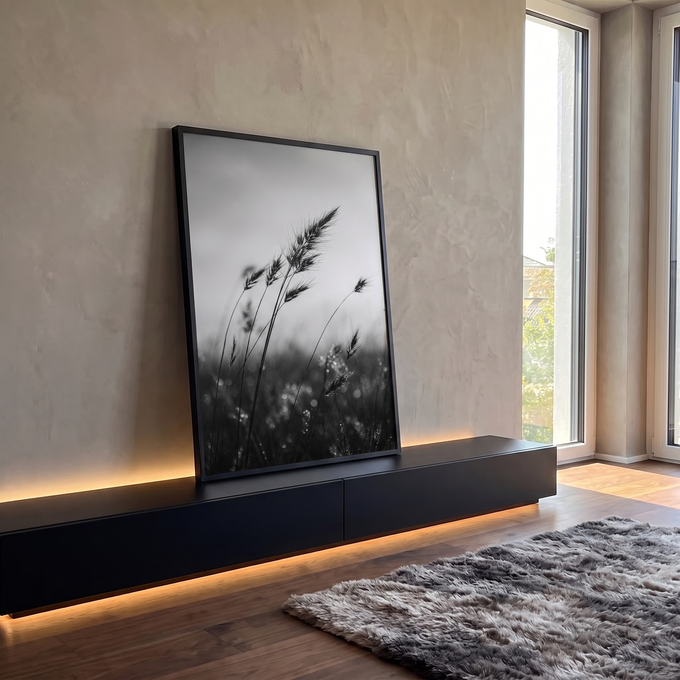 Espigas de capim selvagem ao vento com gotas de orvalho em fotografia preto e branco, quadro decorativo