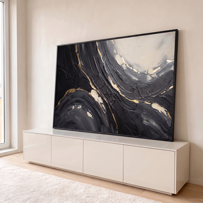 Quadro Decorativo Grande Textura Preta Preto para Sala | quadros decorativos para sala | pintura abstrata texturizada em preto e cinza com veios de folha dourada | em Quadros para Sala | Porao dos Quadros