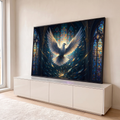 Quadro Decorativo Grande Pomba Branca para Sala Azul | quadros decorativos para sala | pomba branca de asas abertas voando entre cristais e vitrais coloridos de catedral | em Quadros para Sala | Porao dos Quadros