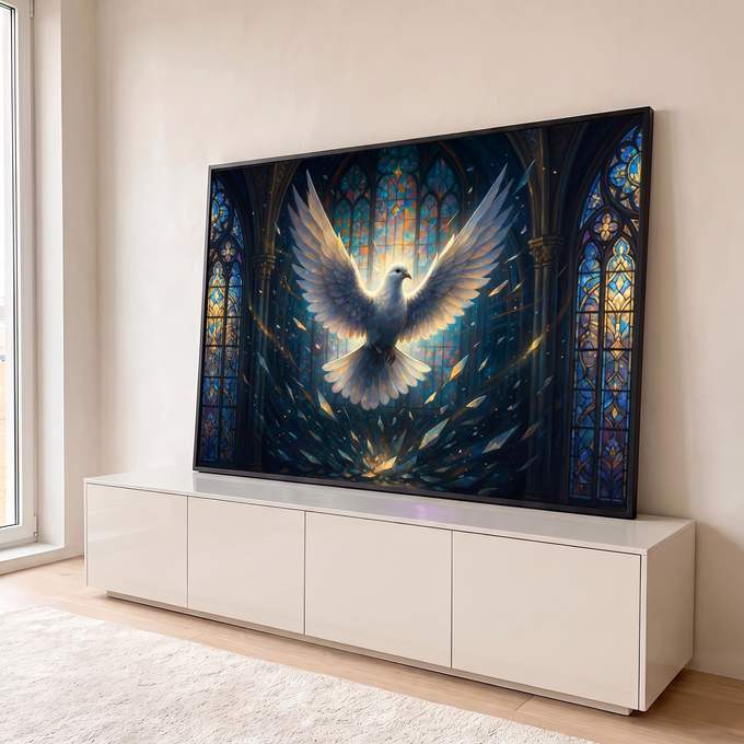 Quadro Decorativo Grande Pomba Branca para Sala Azul | quadros decorativos para sala | pomba branca de asas abertas voando entre cristais e vitrais coloridos de catedral | em Quadros para Sala | Porao dos Quadros