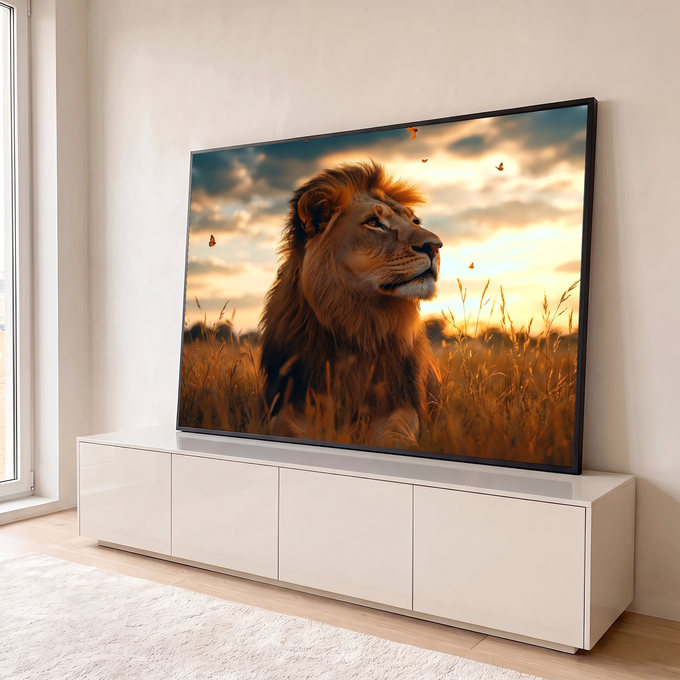 Leão de juba dourada olhando o céu na savana ao pôr do sol, cercado de borboletas, quadro decorativo