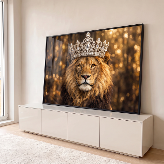 Quadro Decorativo Grande Leão Rei para Sala Dourado | quadros decorativos para sala | leão de frente usando coroa prateada cravejada de diamantes com fundo dourado desfocado | em Quadros para Sala | Porao dos Quadros