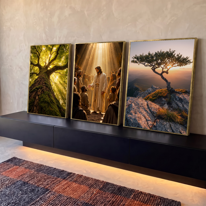 Quadro Decorativo Kit 3 Telas Jesus a Multidão para Sala | quadros decorativos para sala | Jesus cercado por multidão sob luz dourada, entre árvore na floresta e árvore no penhasco | em Quadros para Sala | Porao dos Quadros
