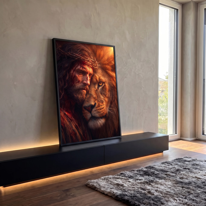 Quadro Decorativo Grande Jesus Dourado para Sala | quadros decorativos para sala | rosto de homem ferido com coroa de espinhos encostado em leão dourado | em Quadros para Sala | Porao dos Quadros