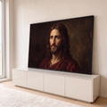 Retrato a óleo de Jesus Cristo com cabelo longo e manto vermelho sobre fundo escuro, quadro decorativo