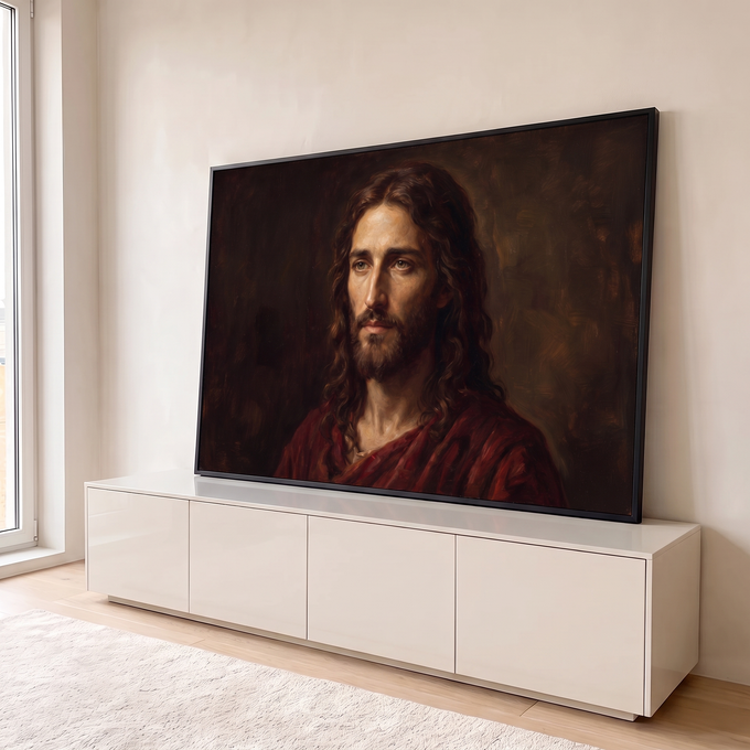 Retrato a óleo de Jesus Cristo com cabelo longo e manto vermelho sobre fundo escuro, quadro decorativo