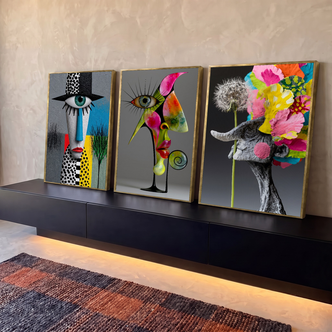 Quadro Decorativo Kit 3 Telas Rostos Dente-de-leão para Sala | quadros decorativos para sala | tríptico surreal com rosto de um olho, escultura colorida e dente-de-leão florido | em Quadros para Sala | Porao dos Quadros