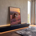 Quadro Decorativo Grande Cavalos para Sala Roxo | quadros decorativos para sala | dois cavalos se afagando em campo de lavanda roxa durante pôr do sol | em Quadros para Sala | Porao dos Quadros
