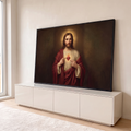 Quadro Decorativo Grande Sagrado Coração Cristo para Sala | quadros decorativos para sala | Jesus Cristo apontando para o Sagrado Coração em chamas com coroa de espinhos | em Quadros para Sala | Porao dos Quadros