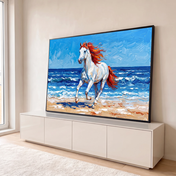 Cavalo branco de crina vermelha galopando na areia diante do mar azul, pintura a óleo, quadro decorativo