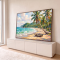 Quadro Decorativo Grande tela de pinturas para Sala Azul | quadros decorativos para sala | praia tropical com mar turquesa, coqueiros inclinados e barco de madeira na areia | em Quadros para Sala | Porao dos Quadros