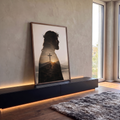 Quadro Decorativo Grande Jesus Marrom para Sala | quadros decorativos para sala | perfil de Jesus com coroa de espinhos em dupla exposição com cruz e pôr do sol | em Quadros para Sala | Porao dos Quadros