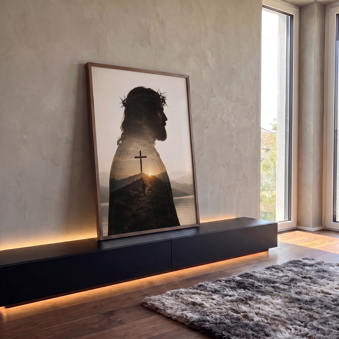 Quadro Decorativo Grande Jesus Marrom para Sala | quadros decorativos para sala | perfil de Jesus com coroa de espinhos em dupla exposição com cruz e pôr do sol | em Quadros para Sala | Porao dos Quadros
