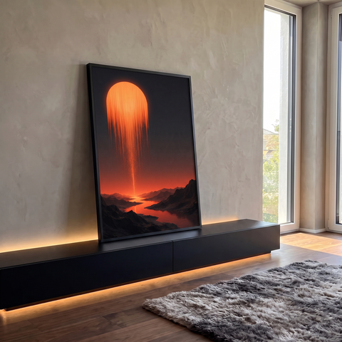 Sol laranja se desfazendo em raios de luz sobre rio entre montanhas escuras, quadro decorativo