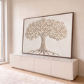 Quadro Decorativo Grande Árvore em Relevo para Sala Bege | quadros decorativos para sala | árvore em relevo texturizado com folhas bege e creme sobre fundo claro | em Quadros para Sala | Porao dos Quadros
