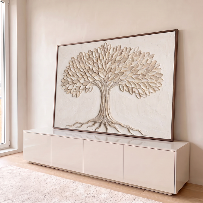 Quadro Decorativo Grande Árvore em Relevo para Sala Bege | quadros decorativos para sala | árvore em relevo texturizado com folhas bege e creme sobre fundo claro | em Quadros para Sala | Porao dos Quadros