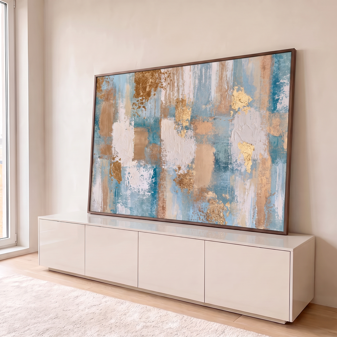 Pintura abstrata em faixas azul-turquesa, bege e branco com textura e folha de ouro, quadro decorativo