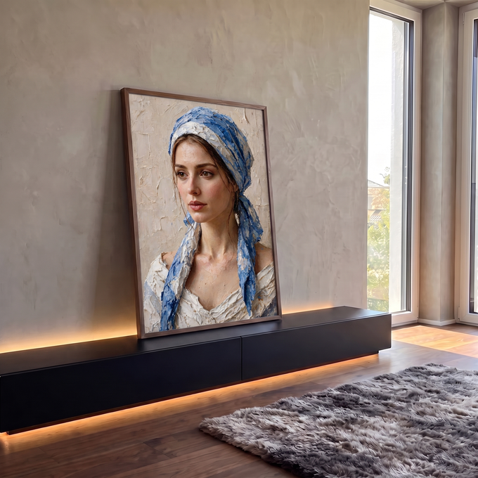 Retrato de mulher com lenço azul e branco em pintura a óleo com textura de espátula, quadro decorativo
