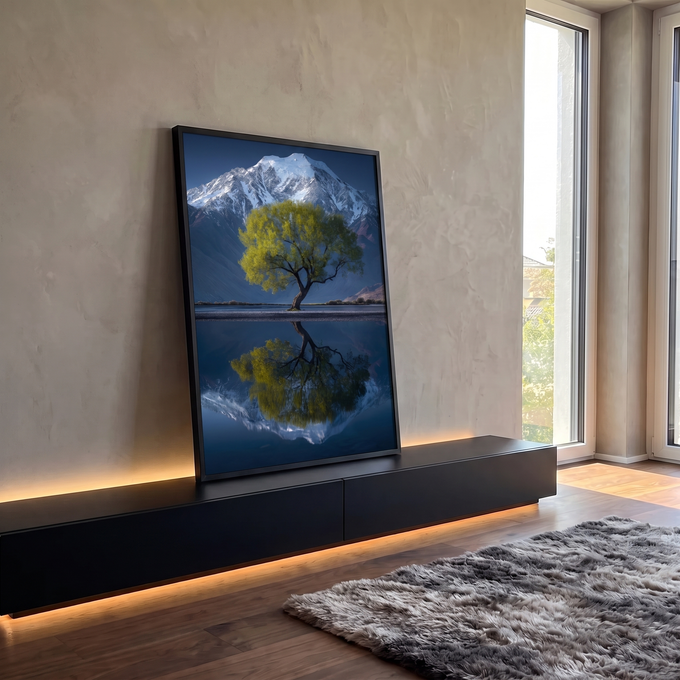 Árvore solitária verde diante de montanha nevada refletida em lago azul espelhado, quadro decorativo